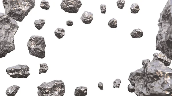 Arka plan gümüş asteroitler ile uzayda. Boşaltmak empthy alan. Dekoratif tebrik grungy veya kartpostal çerçeve olarak, tasarım veya metin için kullanılabilir. 3D çizim
