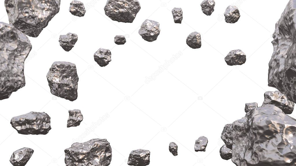 Abstract background in the space with silver asteroids. Copyspace empthy area. Can be used as a decorative greeting grungy or postcard framing for your design or text . 3d illustration