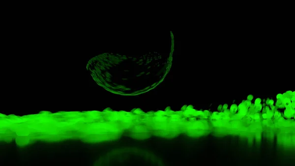 Abstract stream of spherical particles reflected from a large black circular sphere. Paricles are glowing green and have different brightness. 3d illustration with copyspace