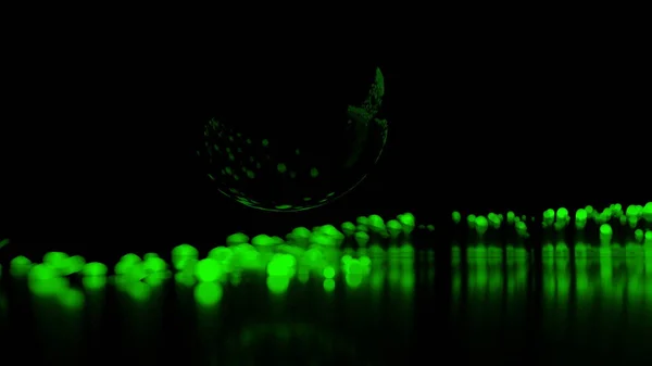 Abstract stream of spherical particles reflected from a large black circular sphere. Paricles are glowing green and have different brightness. 3d illustration with copyspace