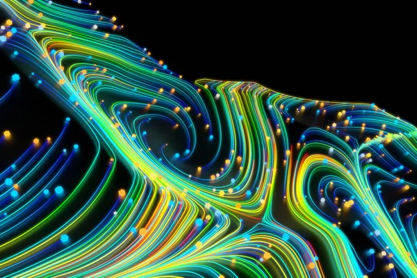 Neon izzó csavart kozmikus vonalak a fényes felületen. Turbulencia fürtök áramlik színes mozgás. Folyékony és sima csillagászati örvény örvény szerkezet. 3d renderelés Absztrakt kreatív modern háttér — Stock Fotó