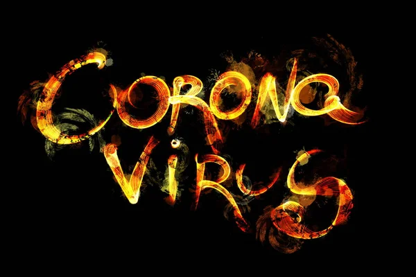 Inscription coronavirus faite par le feu ou la flamme. Concept d'infection virale. Isoler sur fond noir . — Photo