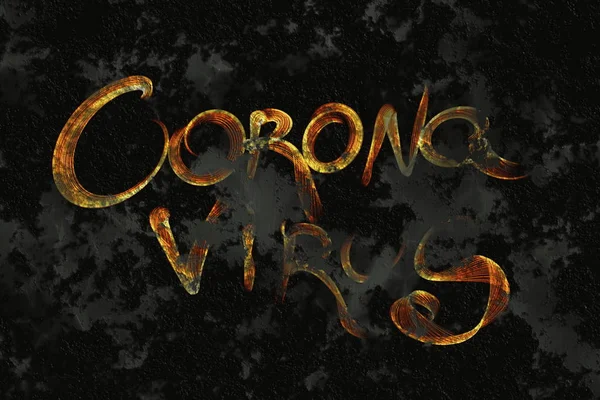 Inscrição de coronavírus feita por fogo ou chama sobre a superfície podre. Conceito de infecção pelo vírus — Fotografia de Stock