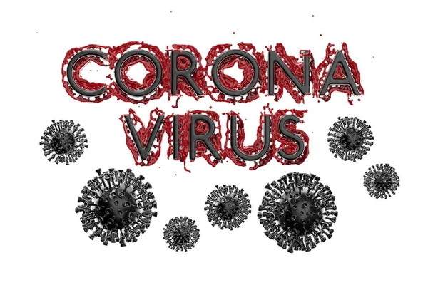 Coronavirus Wuhan, China COVID-19 inscripción hecha por la sangre con células de la corona a continuación. Epidemia condición 3d ilustración aislada sobre fondo blanco. El texto en chino significa: coronavirus — Foto de Stock