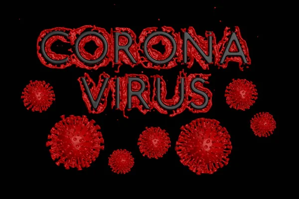 Coronavirus Wuhan, China COVID-19 inscription made by black Bblood with red corona cells below. Epidemic condition 3d illustration isolated on black background. The text in Chinese means: coronavirus