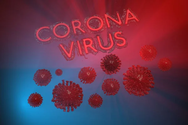 Coronavirus Wuhan, China COVID-19 inscrição feita por sangue com células corona abaixo. Epidemia condição 3d ilustração isolado no azul vermelho iluminado por raios de fundo — Fotografia de Stock