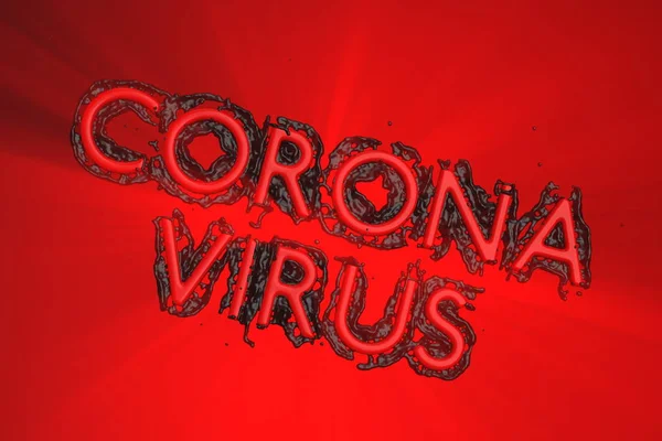 Coronavirus Wuhan, Κίνα COVID-19 επιγραφή γίνεται με μαύρο αίμα. Επιδημική κατάσταση 3d εικόνα στο κόκκινο φωτίζεται από ακτίνες φόντο — Φωτογραφία Αρχείου