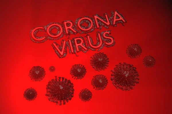 Coronavirus Wuhan, China COVID-19 inscription made by blood with corona cells below. Epidemic condition 3d illustration on red lit by rays background — Stock Photo, Image