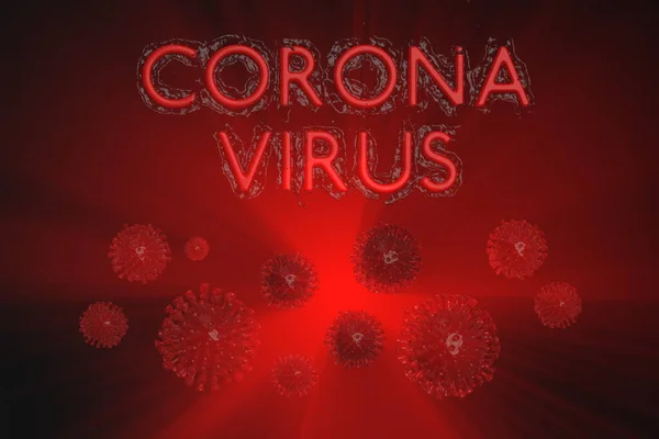 Coronavirus Wuhan, China COVID-19 inscription made by blood with corona cells below. Epidemic condition 3d illustration on red lit by rays background — Stock Photo, Image