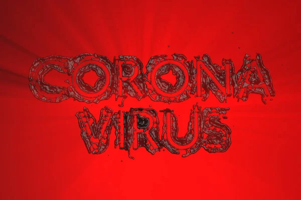 Coronavirus Wuhan, China COVID-19 inscripción hecha por sangre negra. Estado epidémico 3d ilustración en rojo iluminado por los rayos de fondo — Foto de Stock