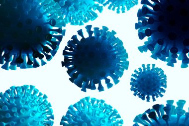 Coronavirus Wuhan, Çin Covid-19 molekülleri uzayda uçuyor. Mikroskobik fotoğrafçılık. Salgın virüs enfeksiyonu ve yaşam riski. Sağlığınıza dikkat edin. Hücrelerin 3d illüstrasyonu