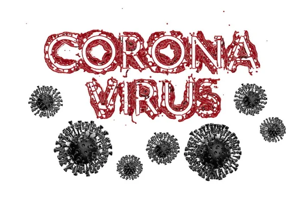Coronavirus Wuhan, China COVID-19 inscripción hecha por la sangre con células de la corona a continuación. Epidemia condición 3d ilustración aislada sobre fondo blanco. El texto en chino significa: coronavirus — Foto de Stock