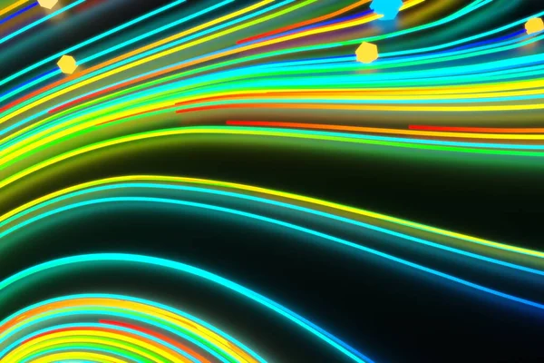 Neon glühend verdrehte kosmische Linien auf der glänzenden Oberfläche. Turbulenz-Locken fließen farbenfrohe Bewegungen. Flüssige und glatte Wirbelstrukturen in der Astronomie. 3D-Rendering Abstrakter kreativer moderner Hintergrund — Stockfoto