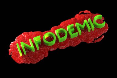 Infodemia lettering concept about pandemia and false information with coronavirus covid-19. 3d illustration isolated on black background clipart