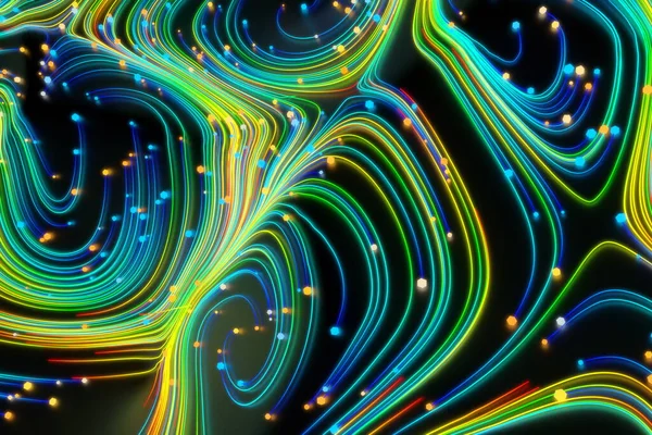 Neon glowing twisted cosmic lines on the glossy surface. Turbulence curls flow colorful motion. Fluid and smooth astronomy vortex swirl structure. 3d rendering Abstract creative modern background — Stock Photo, Image