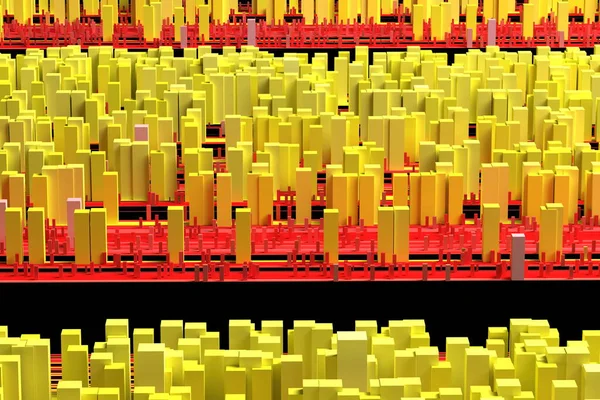 Sarı ve kırmızı gökdelenli şehir manzarasının soyut görüntüsü. 3d illüstrasyon büyüme ve geliştirme kavramı — Stok fotoğraf