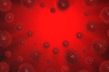 Coronavirus Wuhan, Çin COVID-19 arka planında korona hücreleri var. Kırmızı arkaplanda kopyalanmış salgın durumu 3d illüstrasyon
