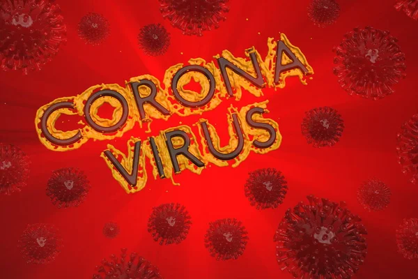 Coronavirus Wuhan, China COVID-19 inscriptie met corona cellen in de buurt. Epidemische conditie 3d illustratie op rode achtergrond — Stockfoto