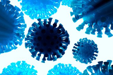 Coronavirus Wuhan, Çin Covid-19 molekülleri uzayda uçuyor. Mikroskobik fotoğrafçılık. Salgın virüs enfeksiyonu ve yaşam riski. Sağlığınıza dikkat edin. Hücrelerin 3d illüstrasyonu