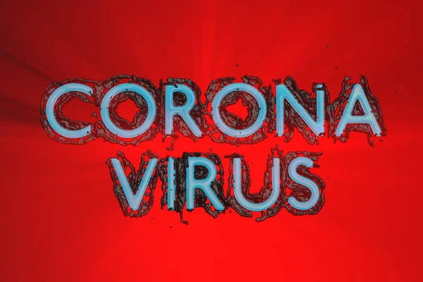 Coronavirus Wuhan, China COVID-19 inscription made by black blood. Epidemic condition 3d illustration on red lit by rays background — Stock Photo, Image