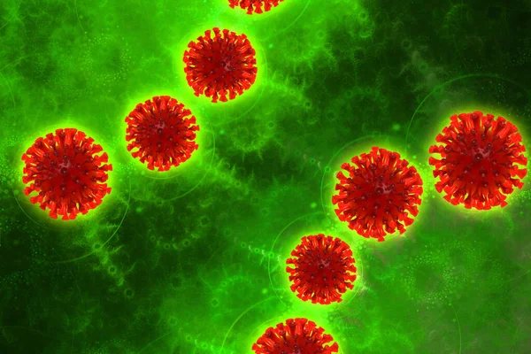 Coronavirus Wuhan, Cina COVID-19 sfondo con molecole di cellule corona intorno. Epidemia condizione illustrazione 3d su sfondo verde con copyspace — Foto Stock