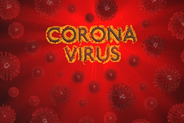 Coronavirus Wuhan, Cina prasasti COVID-19 dengan sel-sel korona di sekitar. Kondisi epidemi Ilustrasi 3d pada latar belakang merah — Stok Foto