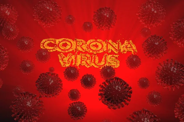 Coronavirus Wuhan, China COVID-19 inscripción con células corona alrededor. Estado epidémico 3d ilustración sobre fondo rojo —  Fotos de Stock