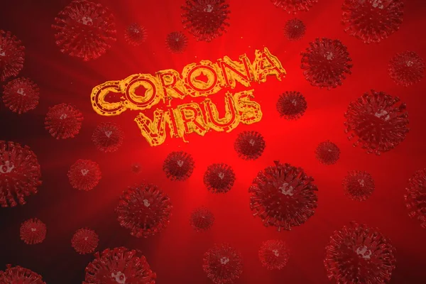 Coronavirus Wuhan, Kina COVID-19 inskription med koronaceller runt. Epidemiskt tillstånd 3D-illustration på röd bakgrund — Stockfoto