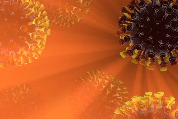 Coronavirus Wuhan, Cina molecole COVID-19 che volano nello spazio. Fotografia microscopica. Infezione da virus epidemico e rischio di vita. Cura della salute. Illustrazione 3D di celle con copyspace — Foto Stock