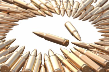 Altın mermiler AK-47 mermileri beyaz arka planda daire şeklinde duruyordu. Tehlike Avı ateşli silah konsepti 3 boyutlu illüstrasyon