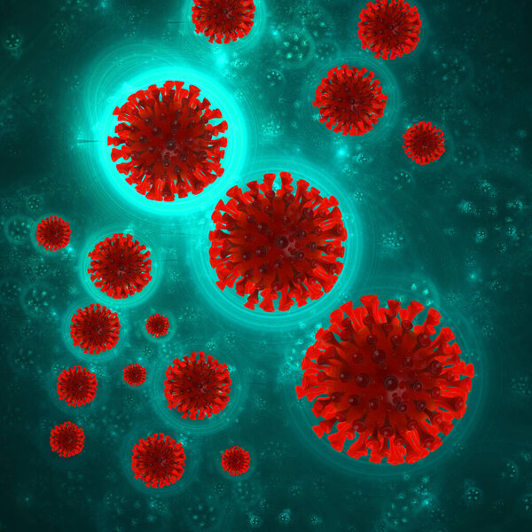 Коронавирусный фон COVID-19 с молекулами коронных клеток вокруг. Эпидемическое состояние 3d иллюстрация на зеленом фоне с копипространством
