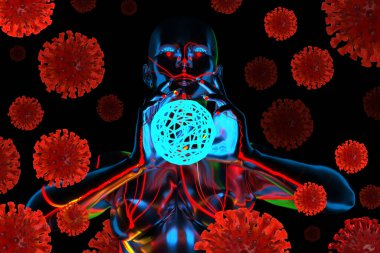Kadın şifacı Coronavirus Wuhan 'a karşı dua ediyor, Çin COVID-19 molekülleri uçuşuyor. Salgın virüs enfeksiyonu ve yaşam riski. Sağlığınıza dikkat edin. İnanç meditasyon şifacı kavramı 3 boyutlu illüstrasyon