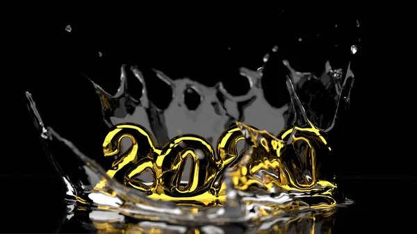 Feliz Año Nuevo 2020 letras hechas por el oro y el agua salpicaduras a su alrededor. Aislado sobre fondo negro. Ilustración 3d. macro de enfoque selectivo con DOF poco profundo — Foto de Stock