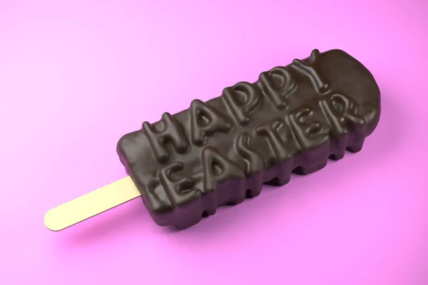 Happy Easter Text on chocolate ice cream on a stick over colorful pink background — Stock Photo, Image