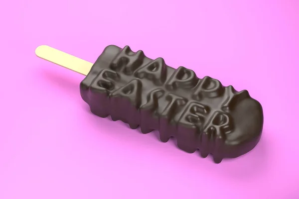 Buona Pasqua Testo su gelato al cioccolato su un bastone su sfondo rosa colorato. Illustrazione 3d — Foto Stock