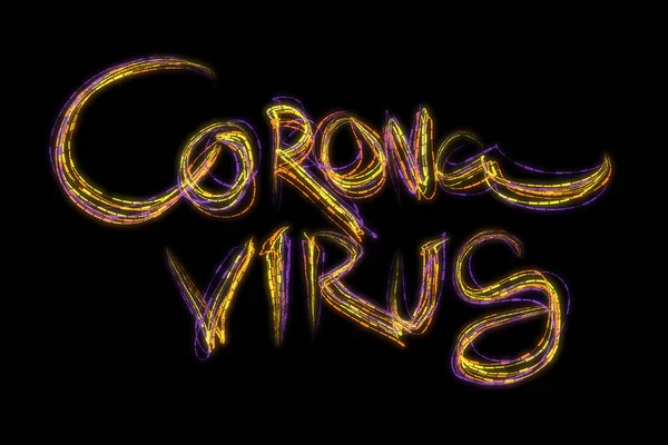 Koronavirový nápis vytvořený abstraktním ohněm nebo plamenem. Koncept virové infekce. Izolovat na černém pozadí — Stock fotografie