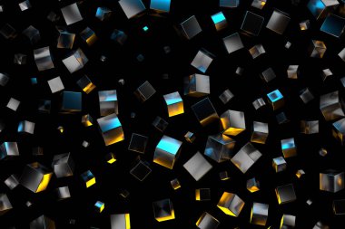 Siyah arka planda uçan metal kutular olan soyut bir arkaplan. 3d illüstrasyon