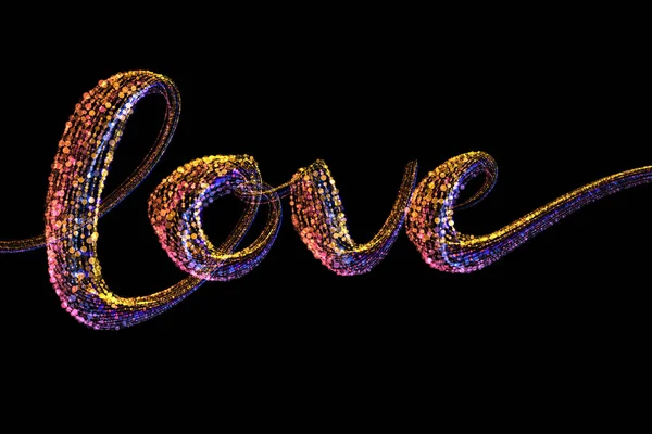 Szerelem szó Kézzel írott betűk által írt fényes színes konfetti részecskék. Fekete alapon elszigetelve — Stock Fotó