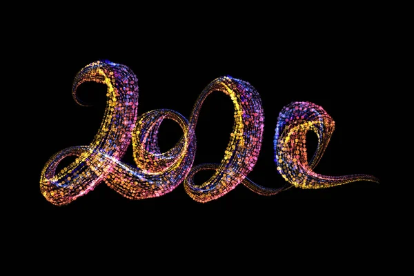 Szczęśliwego Nowego Roku 2020 pojedyncze litery liczb napisane przez kolorowe cząstki konfetti. Izolacja na czarnym tle — Zdjęcie stockowe