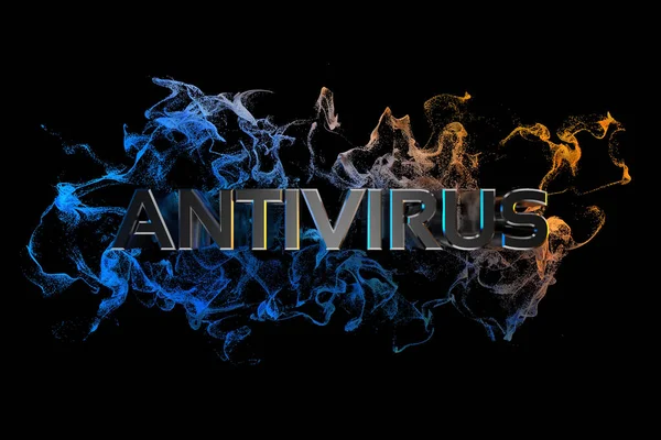 Texto antivírus sobre o Coronavirus COVID-19. Feito de aço e partículas voadoras. Conceito de medicina isolado em fundo preto ilustração 3d — Fotografia de Stock