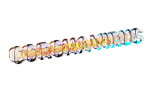 Coronavirus COVID-19 lettering Realizzato in vetro e particelle volanti. Concetto di medicina isolato su sfondo bianco illustrazione 3d — Foto Stock