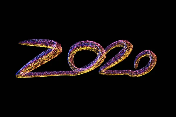 Happy new year 2020 isolated numbers lettering written by colorful confetti particles. Isolate on black background — Stock Photo, Image