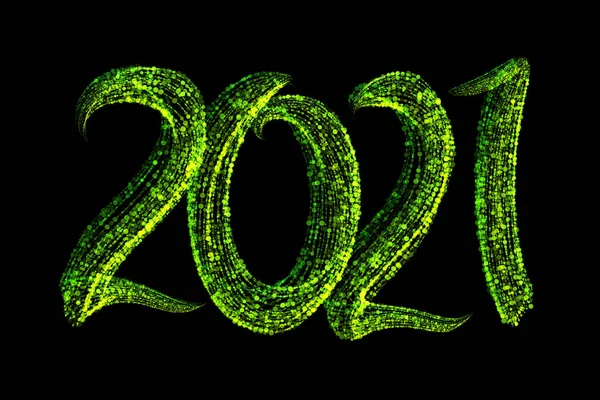Frohes neues Jahr 2021 isolierte Zahlen Schriftzug von grünen Teilchen geschrieben. Isoliert auf schwarzem Hintergrund — Stockfoto