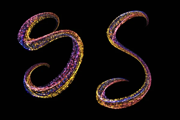 S - handwritten 2 capital letters made of multicolored luminous circles isolated on black background. Part of Alphabet series — Stock Photo, Image