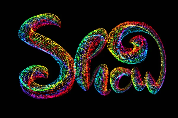 Show word text logo made by colorful confetti parcles, beautiful typography suitable for brochure banner design isolated on black background — Stock Photo, Image