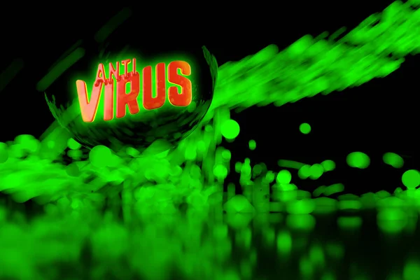 Texto antivirus sobre Coronavirus COVID-19. Fabricado en plástico rojo sobre fondo verde lleno de partículas en movimiento. Concepto de medicina 3d ilustración — Foto de Stock