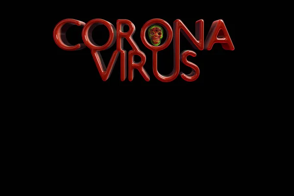 Coronavirus COVID-19 inscripción con cráneo estilizado. Afección epidémica SARS-CoV-2. Ilustración 3d con Copyspace para su texto aislado sobre fondo negro — Foto de Stock