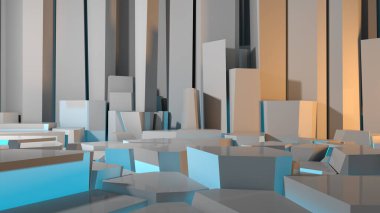 Duvarda ve zeminde kaotik çokgen kabartma deseni olan soyut beton iç veya dış görünüş bir buza benziyor. 3d resimlendirme