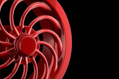 Siyah arka planda izole edilmiş soyut kırmızı spor araba tekerleği metin için metin boşluğu ile birlikte 3d illüstrasyon