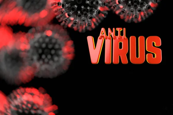 Texto antivírus sobre o Coronavirus COVID-19. Feito por plástico vermelho sobre fundo preto com esferas de vírus voadores. Conceito de medicina ilustração 3d com Copyspace para o seu texto — Fotografia de Stock